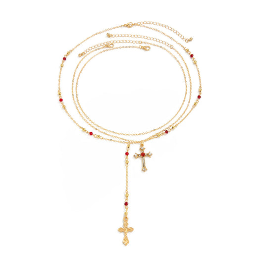 Cross Pendant Necklace with Imitation Pearl Chain