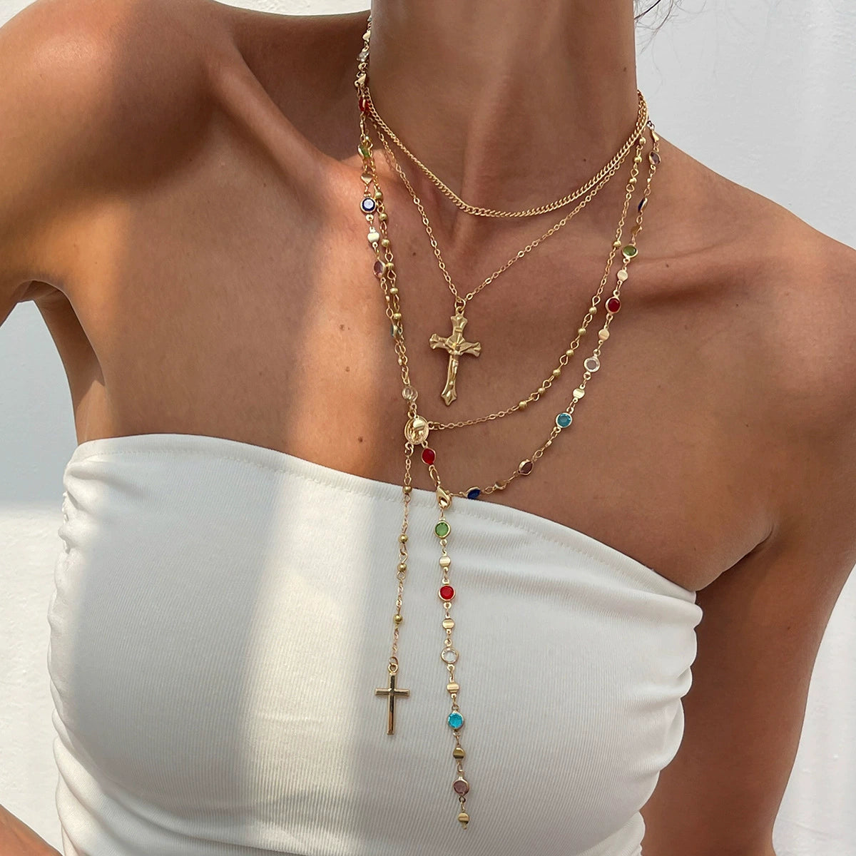 Cross Pendant Necklace with Imitation Pearl Chain