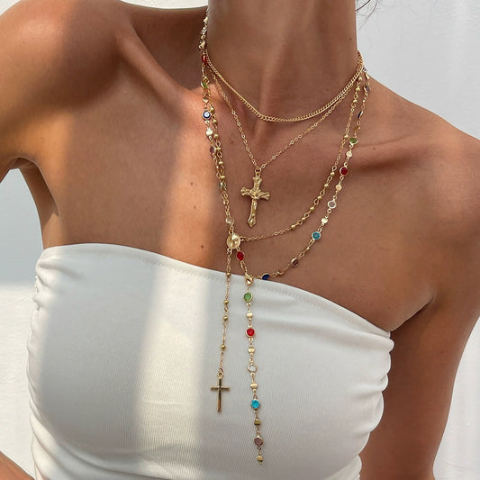 Cross Pendant Necklace with Imitation Pearl Chain